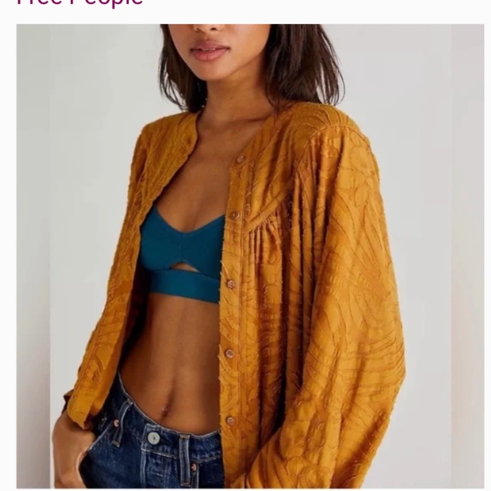 Free People Dreaming Tunic Golden Honey Fall Jacquard Stitching Button S SM - Picture 4 of 4